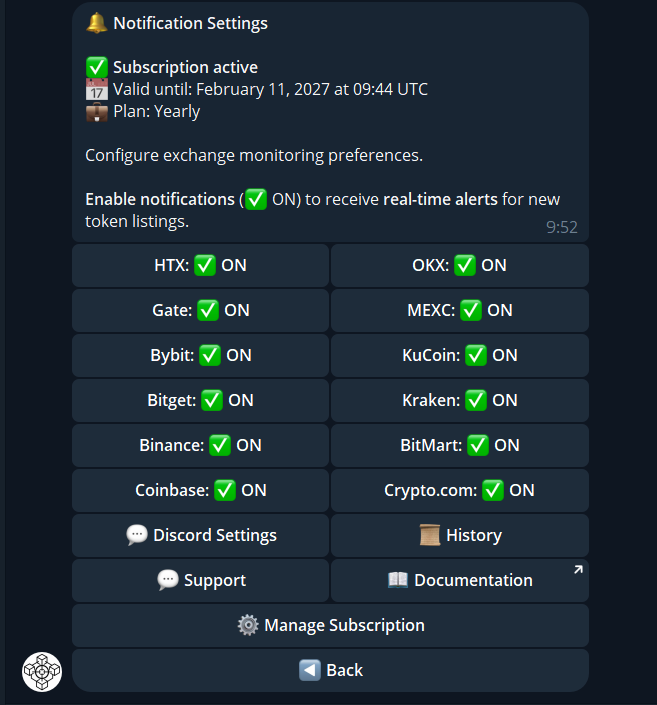 Exchange Listings — notification settings for 12 exchanges